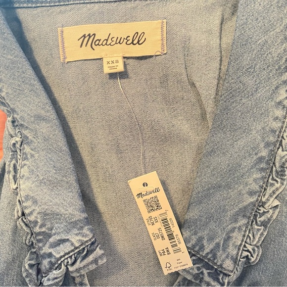 Madewell Ruffle-Collar Faux-Wrap Dress Tencel Denim Edition XXS NWT - Picture 11 of 14